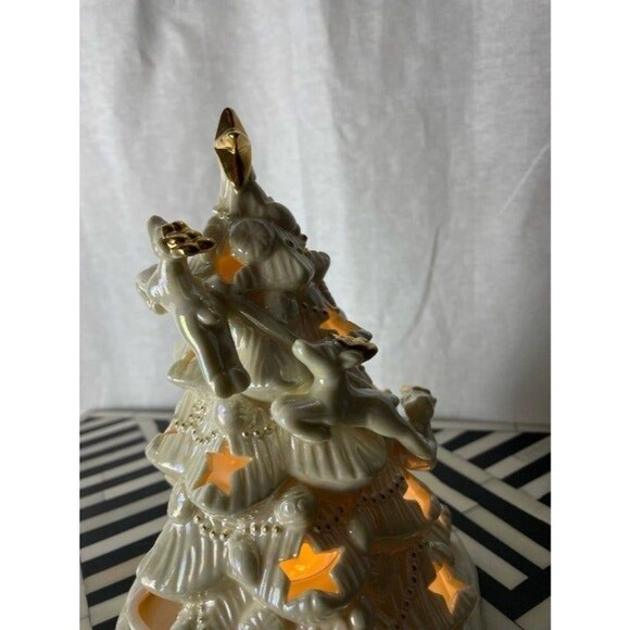 Vintage Iridescent Ceramic Christmas Tree Tealight Holder – Gold Star Accents - Picture 5 of 9